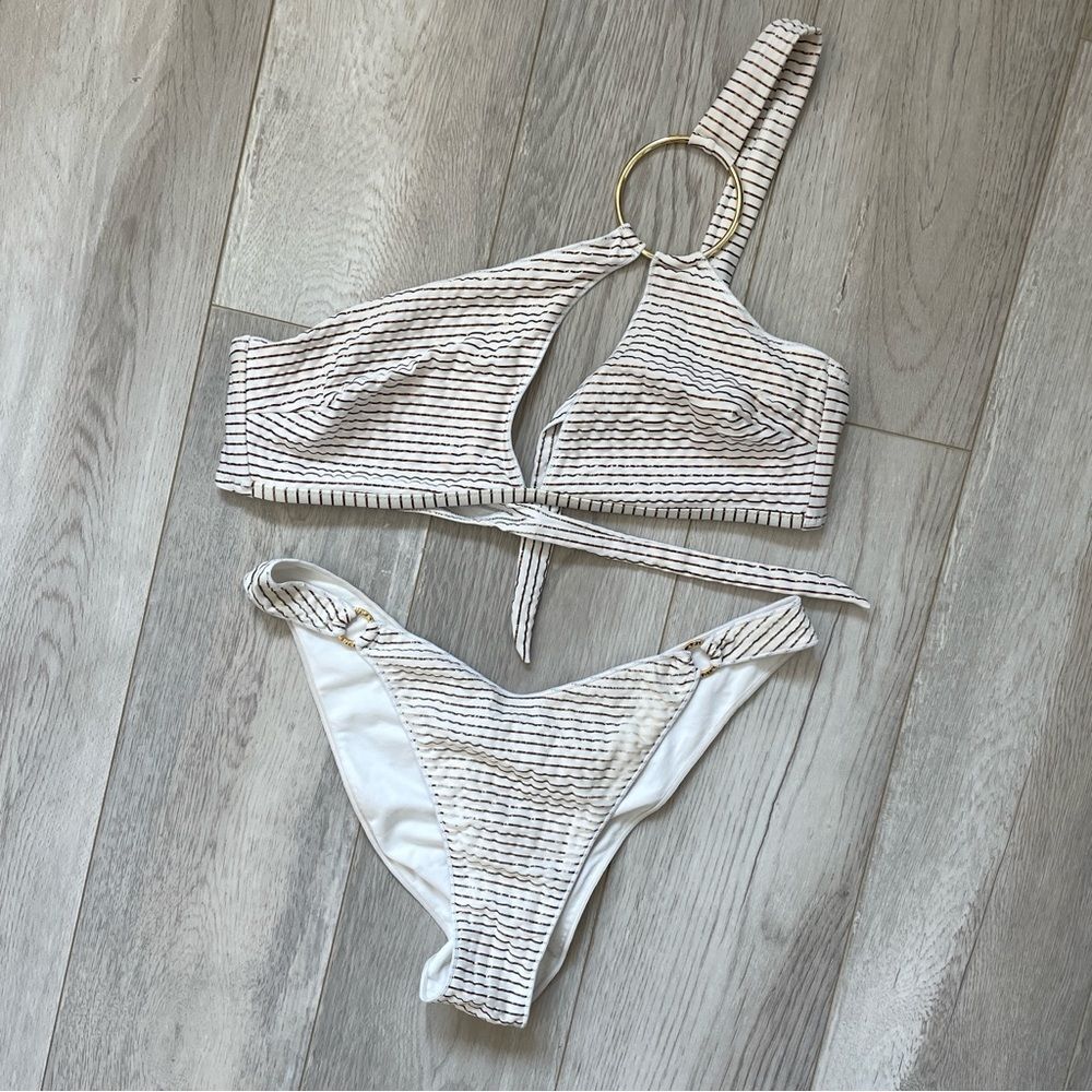 Pin-up Stars Bikini striped one shoulder cutout cheeky womens White medium swim